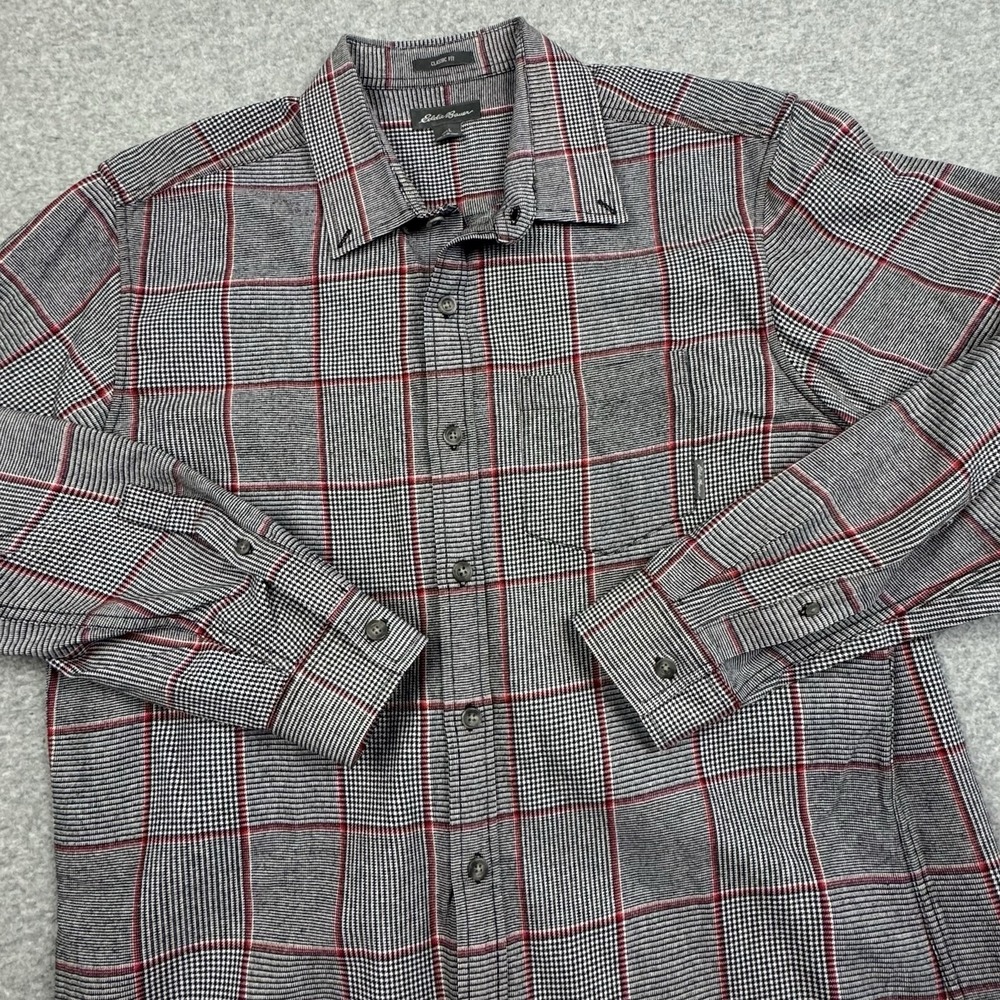 Eddie Bauer Classic Fit Houndstooth Plaid‎ Shirt Mens Large Button Down Gray Red